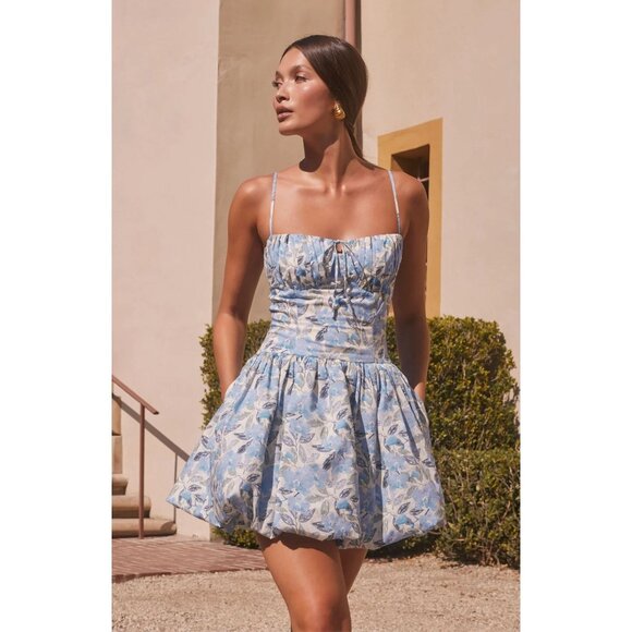ASTR the Label Larissa Floral Bubble Mini Dress Corset Blue White Medium - Picture 1 of 16